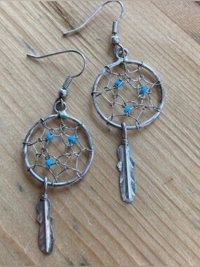 Navajo Style Dream Catcher Dangle Earrings Blue Seed Beads Gently Worn
